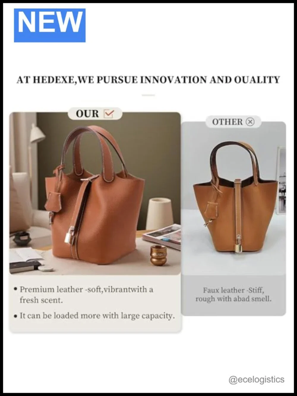 Genuine Leather Bucket Bag Handmade Tote Purse for Women